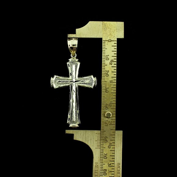 Real 10K Yellow Gold Large Diamond Cut Cross Pendant - Picture 5 of 8